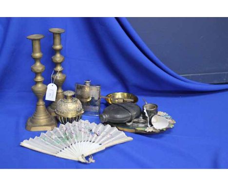 PAIR OF VICTORIAN BRASS CANDLESTICKS WITH HINGED STEMS
together with Persian brass bell and bowl, barbola mirror, two whisky 