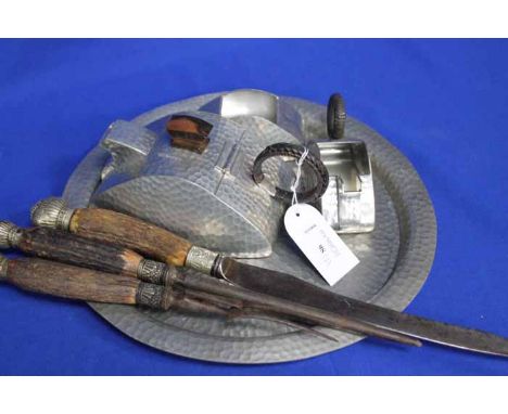 PLANISHED PEWTER TEA SET WITH TRAY
of angular form, stamped Malayan Pewter; together with a horn handled three-piece carving 