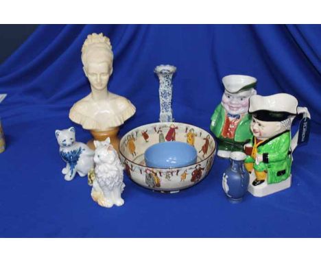 LOT OF CERAMIC AND GLASS ITEMS
including a blue opalescent plate, lustre sundae bowls, a Royal Doulton 'Pride cometh before a