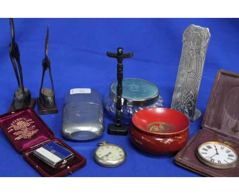 LOT OF MIXED COLLECTABLES
including wooden items, a travel clock and a silver plated pocket watch
