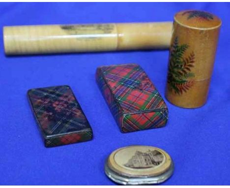 MAUCHLINE CYLINDRICAL BOX
along with a fern decorated box, Mauchline stamp purse and two tartanware snuff boxes 