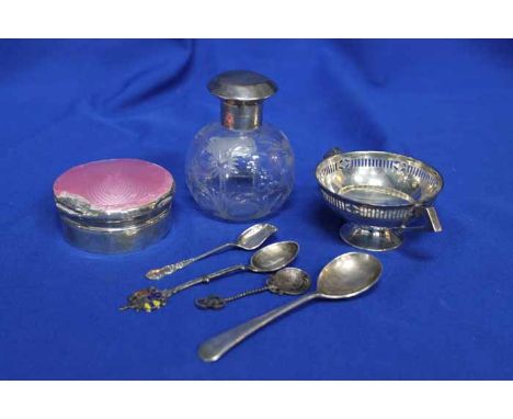 MIXED LOT OF SILVER ITEMS 
including spoons, two handled dish, silver topped bottle and a silver enamelled topped lidded jar 