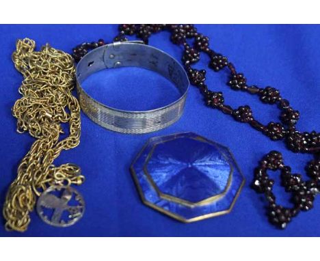LOT OF SILVER AND OTHER JEWELLERY
including a silver bangle, a gilt metal and blue guilloche enamel compact, a gold plated ch