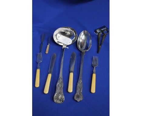 SILVER PLATED LADLE AND SERVING SPOON
along with other plated fish cutlery, etc 