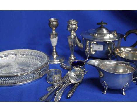 LOT OF PLATED ITEMS 
including a three piece tea service, pair of table candlesticks, hors d'houvers dish, etc