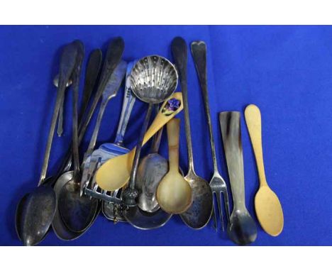 LOT OF SILVER AND OTHER ITEMS
including silver port label, two silver spoons, horn spoon and other plated spoons 