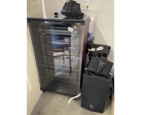 A Kenwood music centre in cabinet with dual cassette player, record deck, 5 CD player, 5 speaker system tuner (tested by vend
