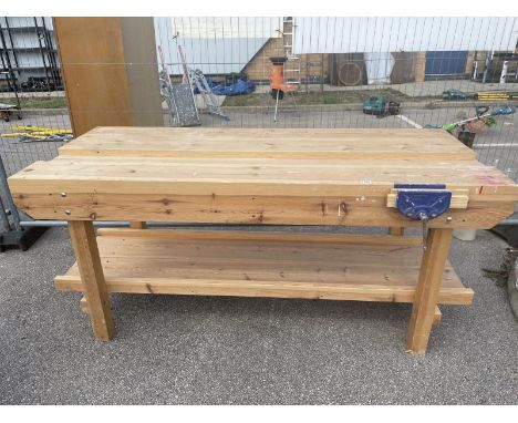 A Heavy pine work bench with vice (195 x 82 x 87cm)