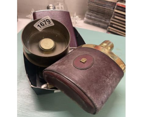 A small collection of metal personal items including hip flask &amp; trench art ashtray etc