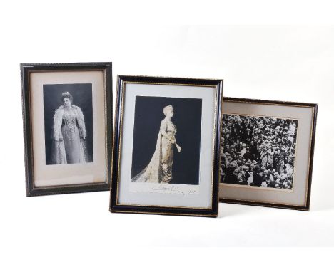 A collection of framed photographs, including an official portrait photograph of Queen Mary signed and dated 1927 33x23.5cm m