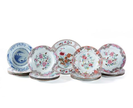 A set of four Chinese 'Famille Rose' plates, Qianlong, each with two figures within scrolls border, 22.5cm diameter; a pair o