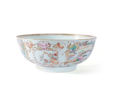 A large Chinese 'Famille Rose' punch bowl, Qianlong, the exterior painted with panels of courtiers or warriors alternating wi