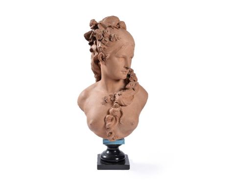 Albert Ernest Carrier-Belleuse (French, 1824 - 1887), a sculpted terracotta bust of a maiden in Belle Epoque taste, her seren