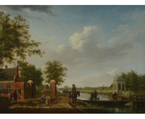 Isaac Ouwater (Dutch 1748-1793) A view of Amsterdam from the 't Spaarne canal in Slooterdijk with travellers on a towpath by 