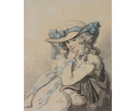 Thomas Rowlandson (British 1756-1827)   Portrait of a lady in blue ribboned hat   Pen and ink and watercolour   25.5 x 20cm (