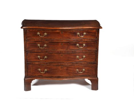A George III mahogany, crossbanded, and line inlaid chest of drawers, circa 1770, of serpentine outline, with four long gradu