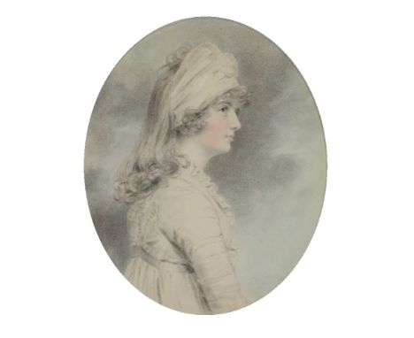 John Downman (British 1750-1824)   Portrait of Miss Ellis as a young lady, in profile, in white frilled gown   Watercolour an