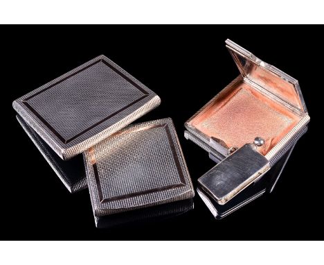 A silver cigarette case and powder compact set by Ramsden &amp; Roed, London 1956, engine turned with rose gold highlights, 8