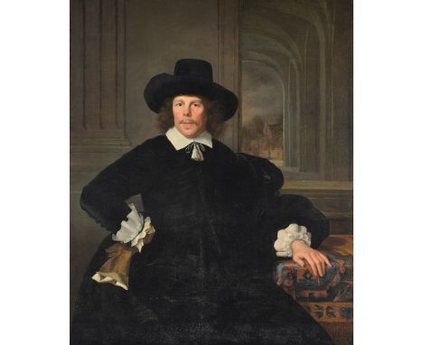 Louis Vallée (Dutch c. 1620-1653) Portrait of a gentleman in a black hat and suit, a glove in his right hand   Oil on canvas 