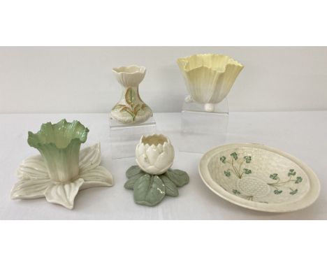 3 Royal Worcester bud vases together with 2 pieces of Irish Belleek. 2 Worcester flower shaped trumpet vases together with on