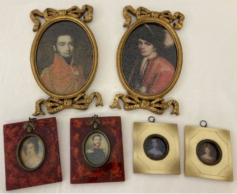 A collection of 6 (3 pairs) of miniature framed portrait prints. Largest gilt framed pair with bow and swag detail, approx. 2