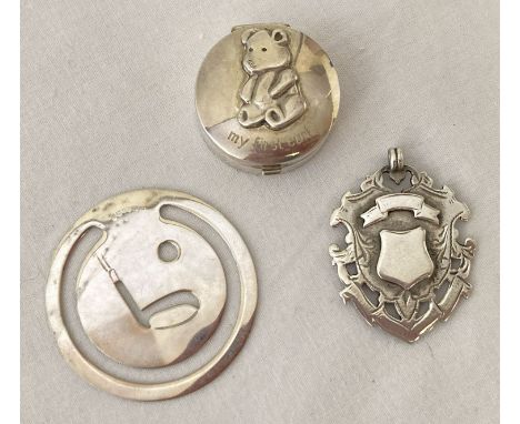 3 hallmarked silver items, a golf bookmark, my first curl trinket box and a Victorian fob. Bookmark with engraved golf club d