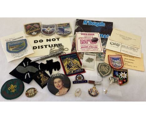 A small collection of vintage pin badges, cloth patches and business cards. To include Women's Institute, National Savings an