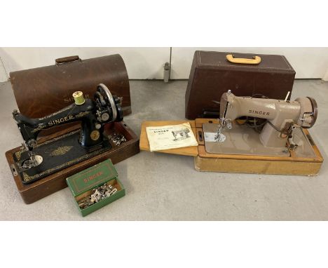 2 vintage Singer sewing machines. A wooden cased machine with gilt decoration. Complete with a cardboard Singer box of sewing