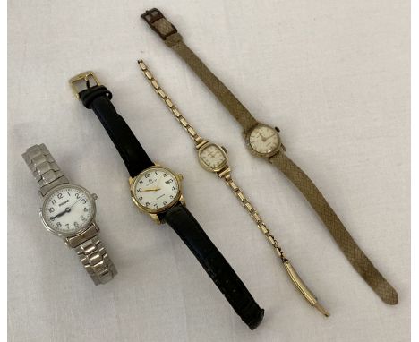 4 ladies vintage wristwatches. A Dugena 14ct gold square cased wristwatch with rolled gold strap. Together with a Pulsar - wi