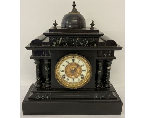 An antique marble &amp; Slate mantle clock with dome &amp; column detail by The Ansonia Clock Co. New York. Finials to top lo