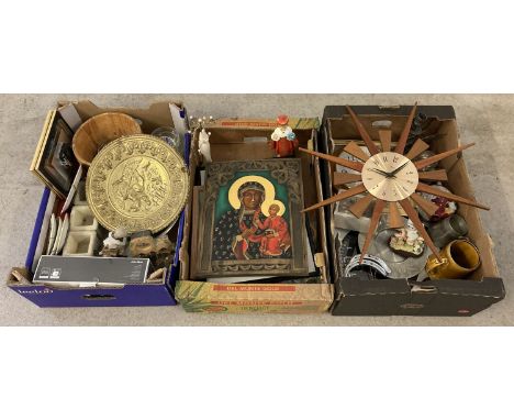 3 boxes of assorted vintage and modern items. To include: clocks, religious icons, candlesticks, pictures and collectors plat