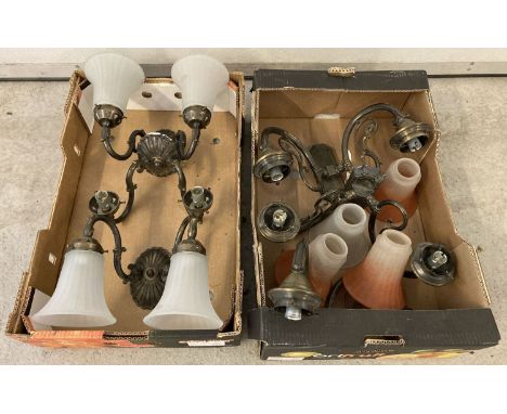 2 boxes of vintage style wall lights. 3 matching double wall lights with 4 frosted glass shades. Together with 3 matching wal
