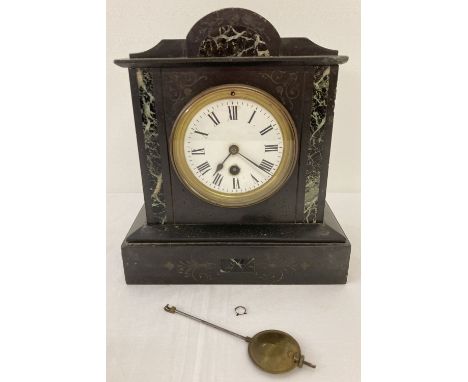 A Victorian slate and marble mantle clock with enamelled face. Complete with pendulum. 
