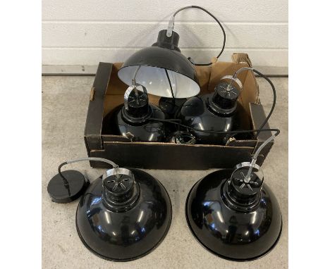 5 matching black aluminium industrial style ceiling pendant light shades.  Approx. 30cm diameter.