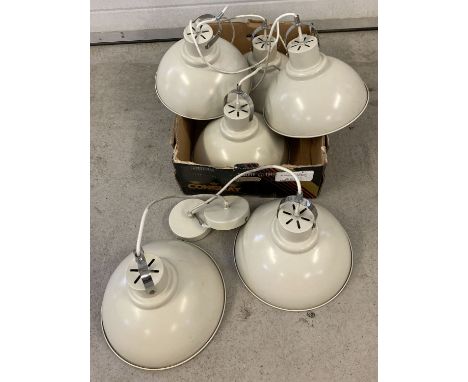 6 matching white aluminium industrial style ceiling pendant light shades.  Approx. 30cm diameter.