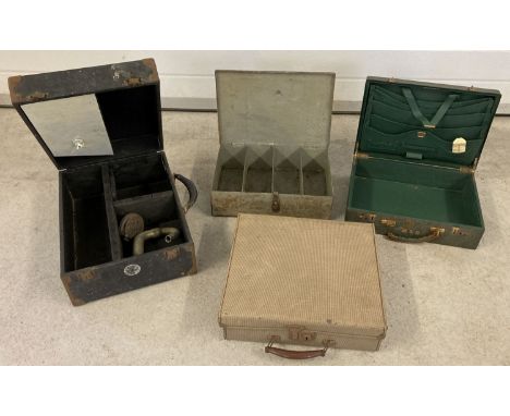 4 vintage carry cases and boxes. A grey metal carry box with interior compartments, a green leather writing case with interio