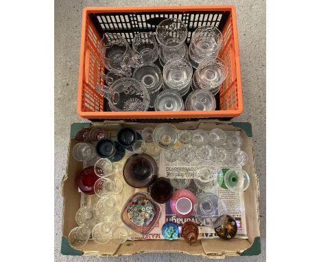 2 boxes of mixed vintage glassware too include art glass vases, candlesticks and sundae dishes. Lot also includes crystal jug