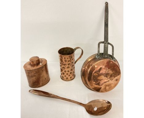 4 pieces of vintage copperware. A small long handled frying pan, tea caddy, serving spoon &amp; tankard.  