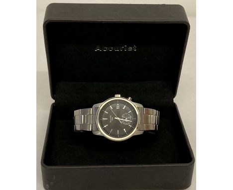 A men's Accurist MB7028 dual dial wristwatch complete with box. Silver tone stainless steel strap with black dial and silver 