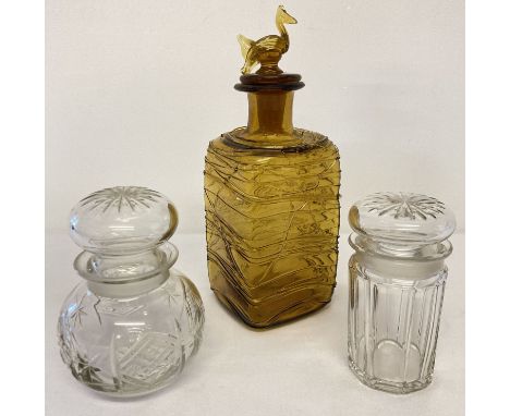 An amber glass decanter with spun glass detail and bird shaped stopper (a/f). Together with 2 cut glass vintage pickle jars. 