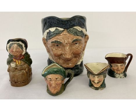A collection of Royal Doulton ceramic toby jugs, in varying sizes. Comprising: 6" Granny jug, 4" Sairey Gamp and 3 x 2.5" jug