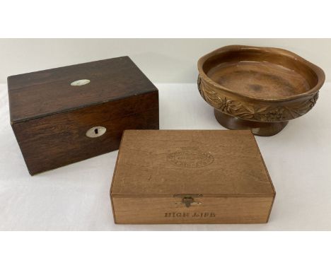 3 vintage wooden items to include a mahogany box with pearl inlay and escutcheon. Lot also includes Duchess Joan Extra Fine C
