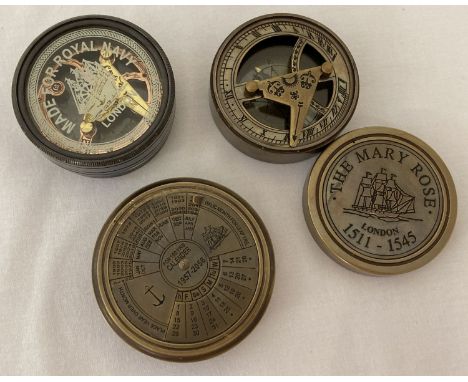 3 assorted reproduction brass cased naval compasses, with screw top lids. Comprising 2 sundial compasses and a compass with 1