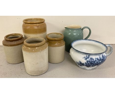 4 vintage stoneware jars together with a ceramic Jug by Denby and a blue and white chamber pot.  
