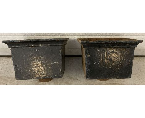 A pair of vintage black painted metal rain hoppers.  Approx 16 x 23cm.