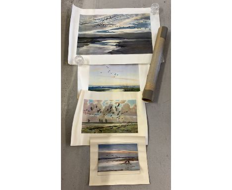 4 unframed prints by wildlife artist Peter Scott. "Brent Geese Flying Under A Mackerel Sky", "The First Of The Evening Flight