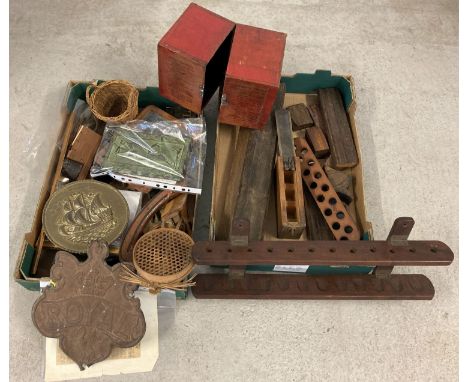 2 boxes of vintage wooden &amp; metal items to include a hanging pipe rack &amp; Victorian writing slate. Lot also includes a