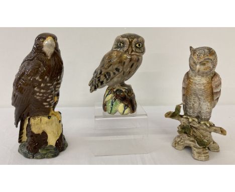3 antique &amp; vintage porcelain bird figurines, to include 2 continental porcelain owls. Lot includes small gloss glazed ow