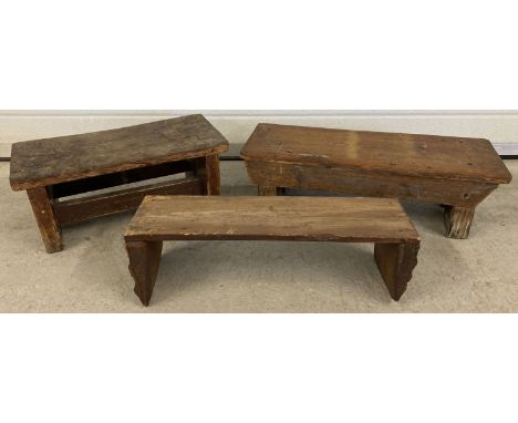 2 antique wooden bench style stools together with a vintage handmade wooden bench stool.  Largest approx. 17 x 59 x 23cm.