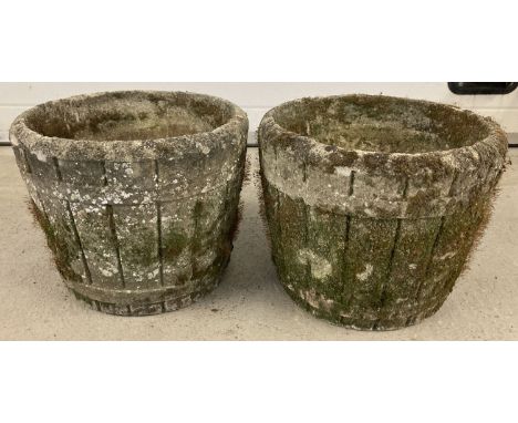 A pair of vintage concrete half barrel design garden planters with drainage holes to base.  Approx. 33cm tall x 40cm diameter